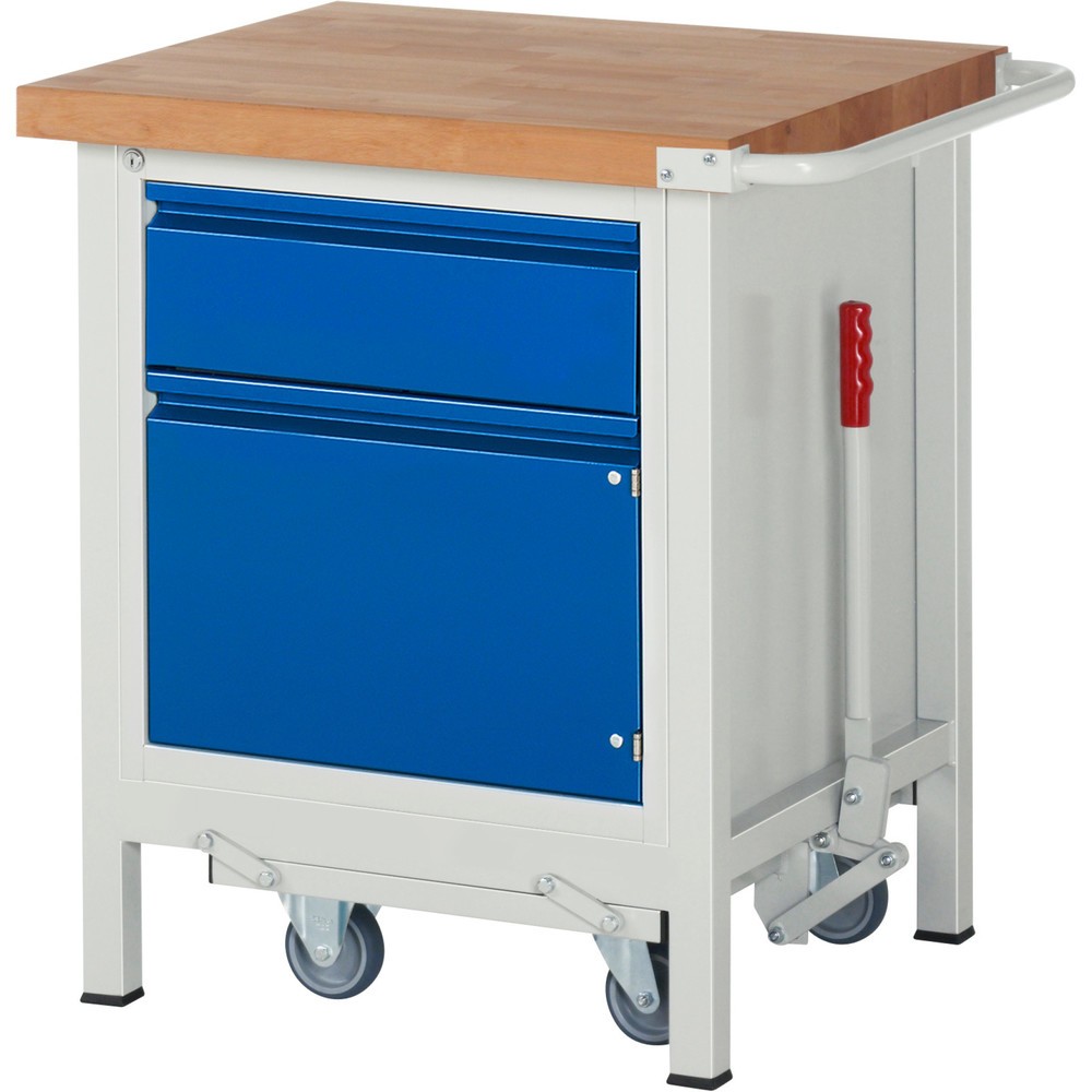 Productafbeelding nr. 1: Werkbank RAU serie 8000 met neerlaatbaar onderstel, 1 kast, hxbxd 880 x 750 x 700 mm, 1 x voor 90% uittrekbare lades, 1 draaideur