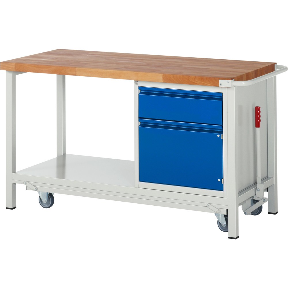 Productafbeelding nr. 1: Werkbank RAU serie 8000 met neerlaatbaar onderstel, 1 kast, 1 legbord, hxbxd 880 x 1.500 x 700 mm, 1 x voor 90% uittrekbare lades, 1 draaideur