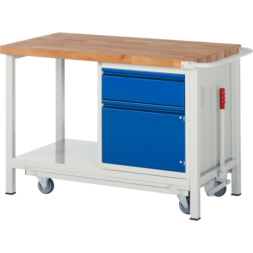 Product afbeelding: Werkbank RAU serie 8000 met neerlaatbaar onderstel, 1 kast, 1 legbord, hxbxd 880 x 1.250 x 700 mm, 1 x voor 90% uittrekbare lades, 1 draaideur
