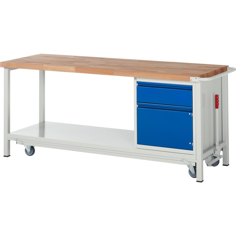 Productafbeelding nr. 1: Werkbank RAU serie 8000 met neerlaatbaar onderstel, 1 kast, 1 legbord, hxbxd 880 x 2.000 x 700 mm, 1 x voor 90% uittrekbare lades, 1 draaideur