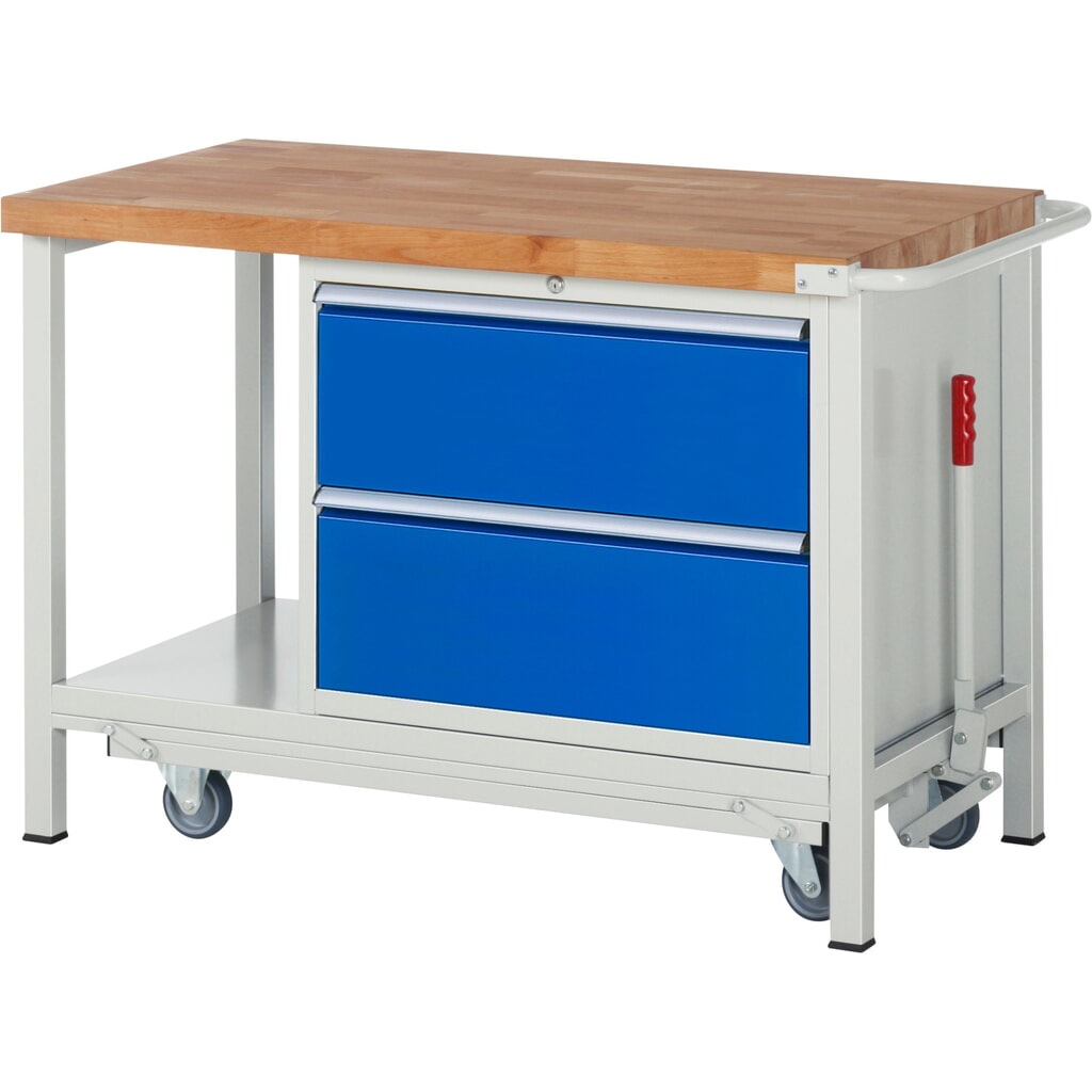 Werkbank RAU serie 8000 met neerlaatbaar onderstel, 1 kast, 1 legbord, hxbxd 880 x 1.250 x 700 mm, 2 x voor 90% uittrekbare lades Product afbeelding: Werkbank RAU serie 8000 met neerlaatbaar onderstel, 1 kast, 1 legbord, hxbxd 880 x 1.250 x 700 mm, 2 x voor 90% uittrekbare lades