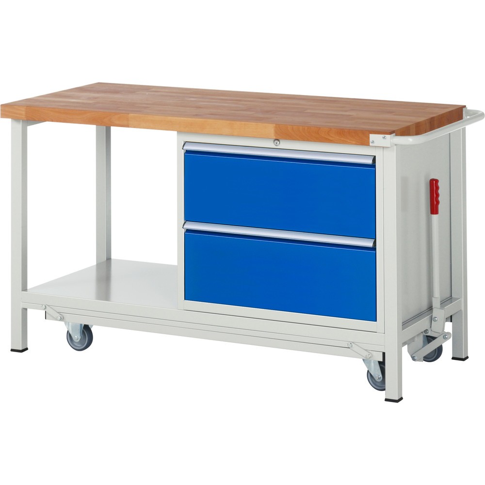 Productafbeelding nr. 1: Werkbank RAU serie 8000 met neerlaatbaar onderstel, 1 kast, 1 legbord, hxbxd 880 x 1.500 x 700 mm, 2 x voor 90% uittrekbare lades