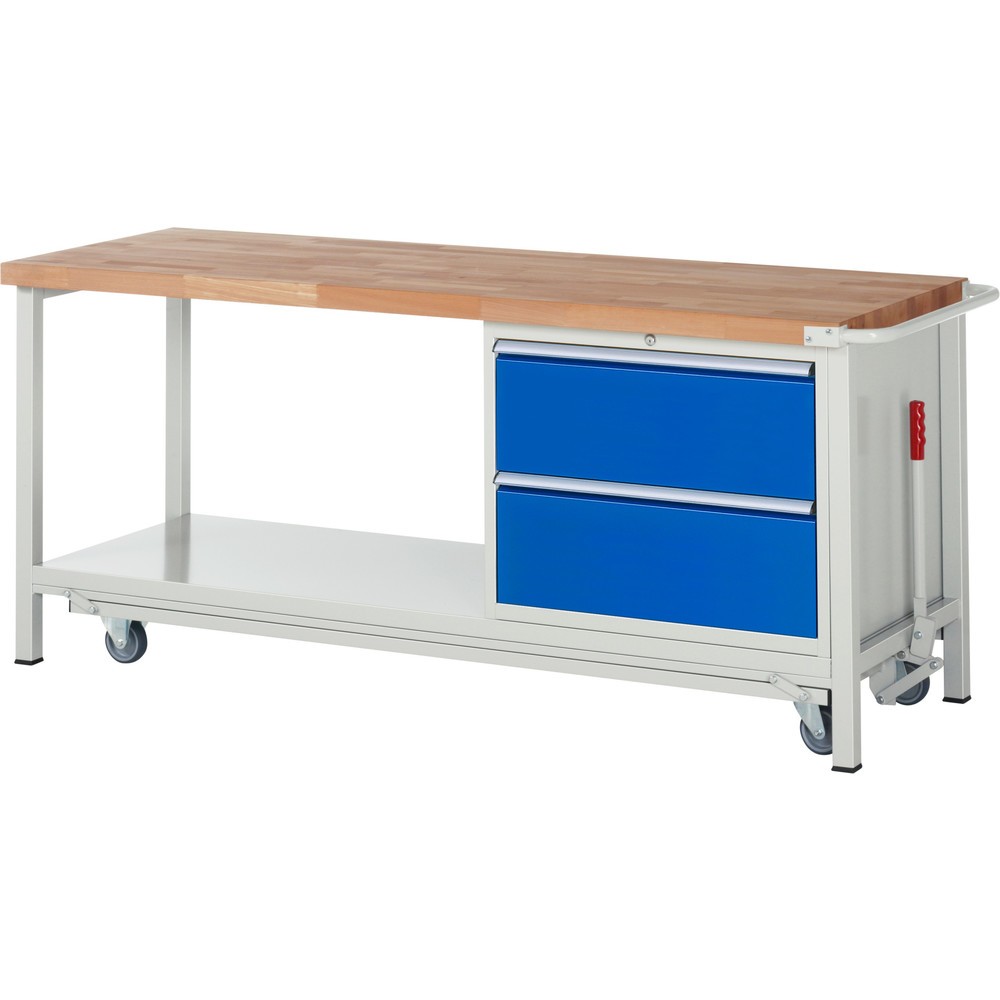 Productafbeelding nr. 1: Werkbank RAU serie 8000 met neerlaatbaar onderstel, 1 kast, 1 legbord, hxbxd 880 x 2.000 x 700 mm, 2 x voor 100% uittrekbare lades