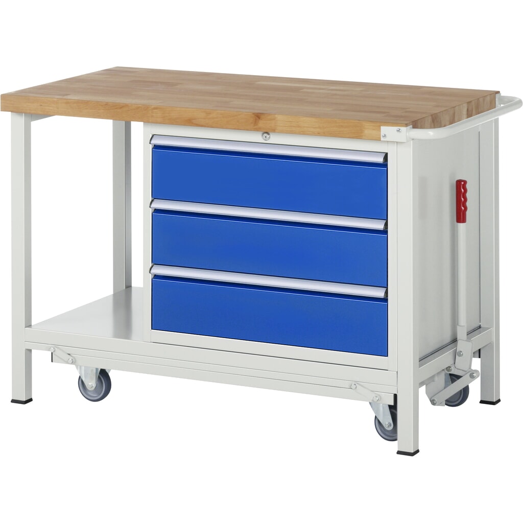 RAU werkbank met dolly serie 8000, h x b x d 880 x 1.250 x 700 mm, 1 onderbouwkast rechts, met 3 lades Product afbeelding: RAU werkbank met dolly serie 8000, h x b x d 880 x 1.250 x 700 mm, 1 onderbouwkast rechts, met 3 lades