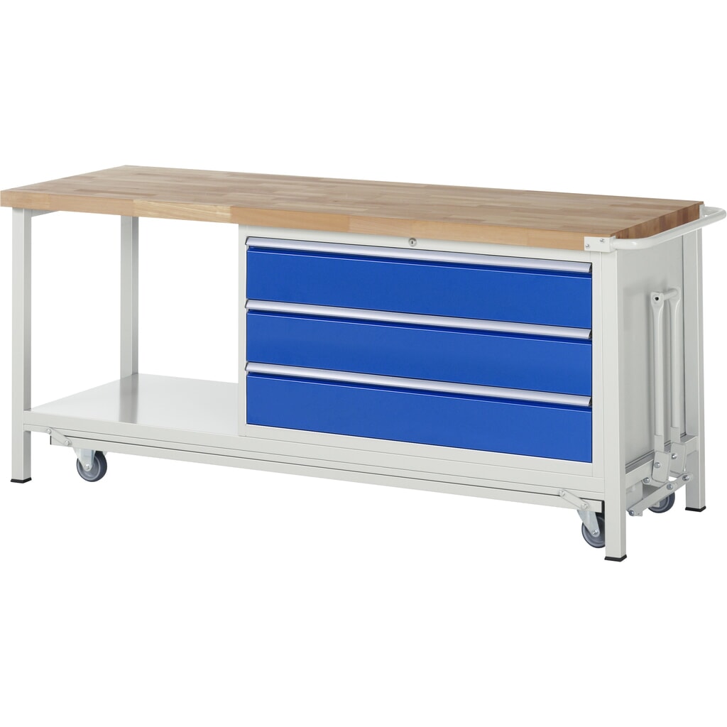 Product afbeelding: Werkbank RAU serie 8000 met neerlaatbaar onderstel, 1 kast, 1 legbord, hxbxd 880 x 2.000 x 700 mm, 3 x voor 100% uittrekbare lades, draagvermogen lade 50 kg