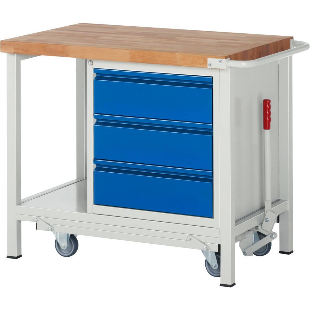 Productafbeelding nr. 1: Werkbank RAU serie 8000 met neerlaatbaar onderstel, 1 kast, 1 legbord, hxbxd 880 x 1.000 x 700 mm, 3 x voor 90% uittrekbare lades, draagvermogen lade 100 kg