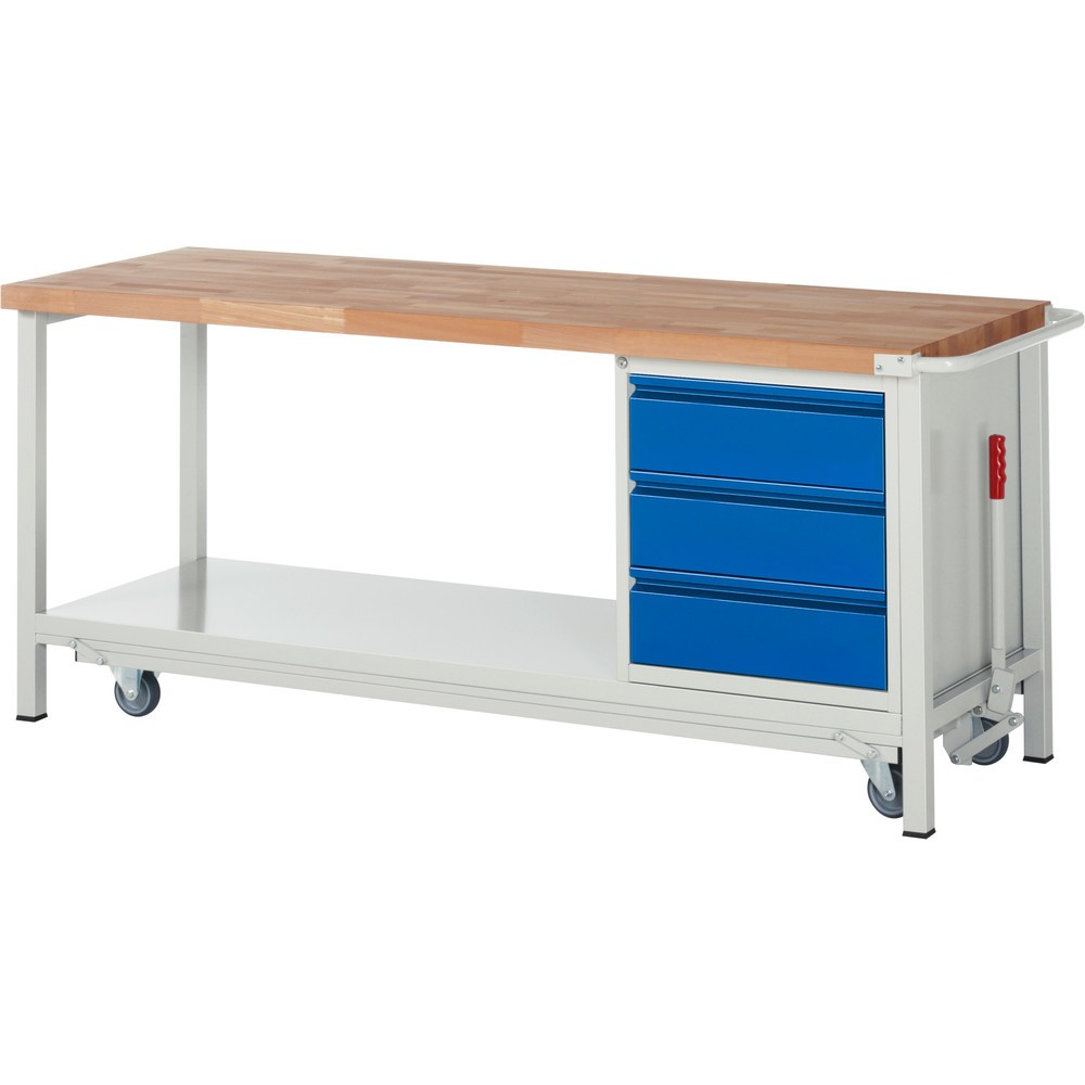 Productafbeelding nr. 1: Werkbank RAU serie 8000 met neerlaatbaar onderstel, 1 kast, 1 legbord, hxbxd 880 x 2.000 x 700 mm, 3 x voor 90% uittrekbare lades, draagvermogen lade 100 kg