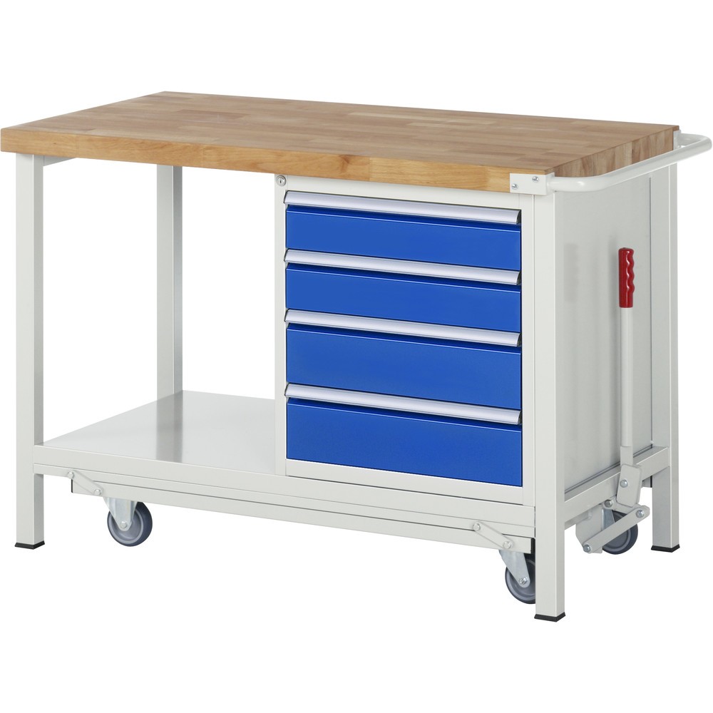Productafbeelding nr. 1: Werkbank RAU serie 8000 met neerlaatbaar onderstel, 1 kast, 1 legbord, hxbxd 880 x 1.250 x 700 mm, 4 lades, draagvermogen lade 100 kg