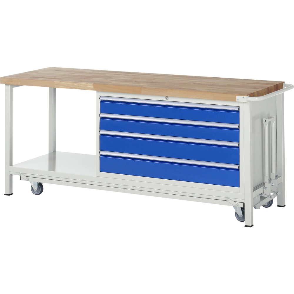 Productafbeelding nr. 1: Werkbank RAU serie 8000 met neerlaatbaar onderstel, 1 kast, 1 legbord, hxbxd 880 x 2.000 x 700 mm, 4 lades, draagvermogen lade 50 kg