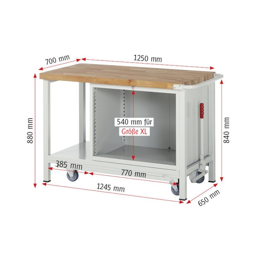 Productafbeelding nr. 6: Werkbank RAU serie 8000 met neerlaatbaar onderstel, 1 kast, 1 legbord, hxbxd 880 x 1.250 x 700 mm, 2 x voor 90% uittrekbare lades