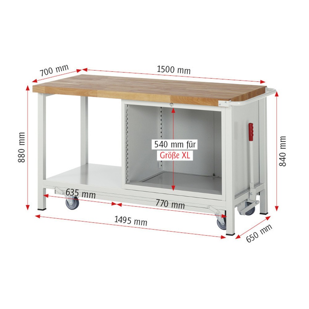 Productafbeelding nr. 6: Werkbank RAU serie 8000 met neerlaatbaar onderstel, 1 kast, 1 legbord, hxbxd 880 x 1.500 x 700 mm, 2 x voor 90% uittrekbare lades