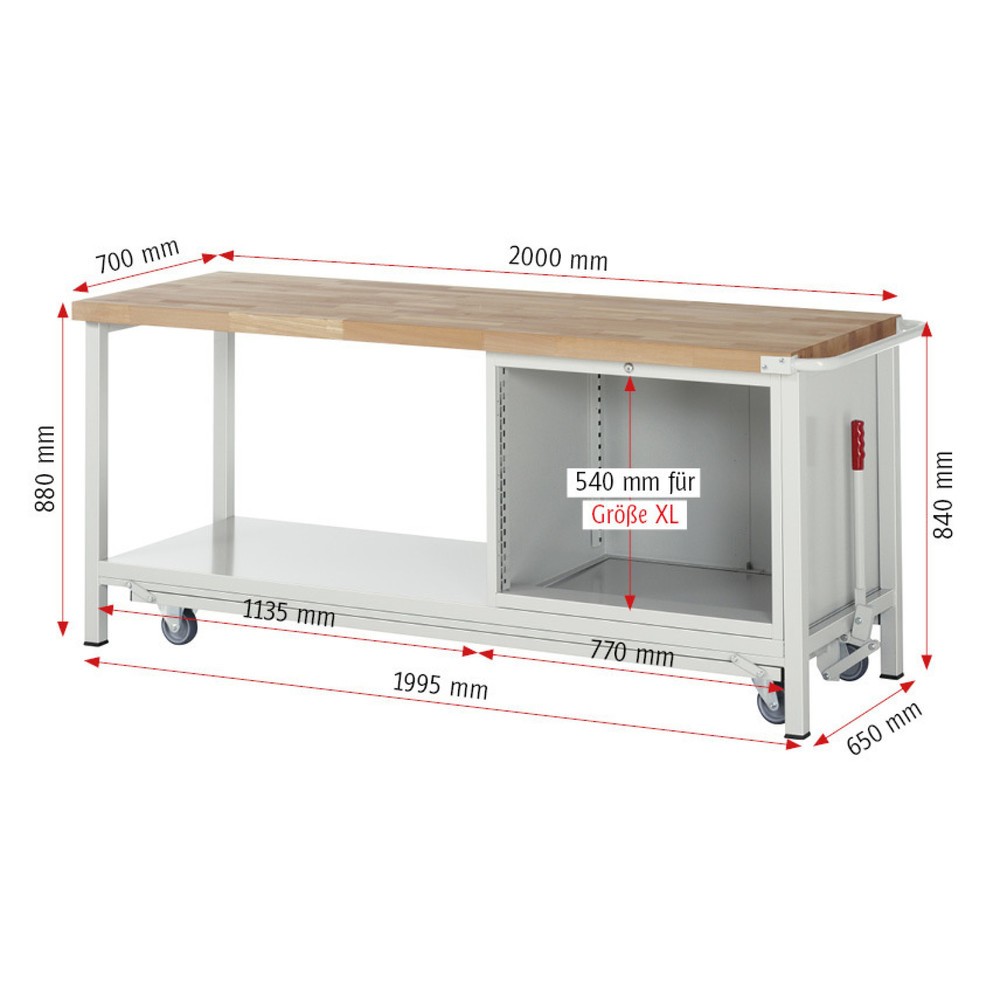 Productafbeelding nr. 6: Werkbank RAU serie 8000 met neerlaatbaar onderstel, 1 kast, 1 legbord, hxbxd 880 x 2.000 x 700 mm, 3 x voor 100% uittrekbare lades, draagvermogen lade 75 kg
