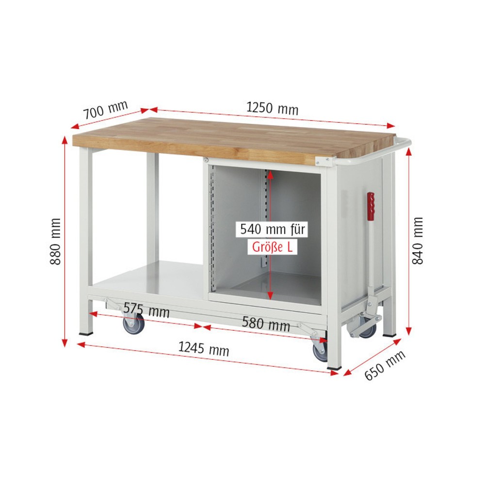 Productafbeelding nr. 7: Werkbank RAU serie 8000 met neerlaatbaar onderstel, 1 kast, 1 legbord, hxbxd 880 x 1.250 x 700 mm, 4 lades, draagvermogen lade 100 kg