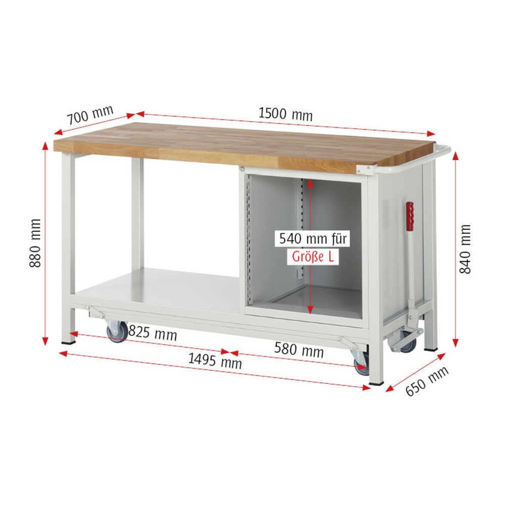 Productafbeelding nr. 6: Werkbank RAU serie 8000 met neerlaatbaar onderstel, 1 kast, 1 legbord, hxbxd 880 x 1.500 x 700 mm, 5 x voor 100% uittrekbare lades, draagvermogen lade 100 kg