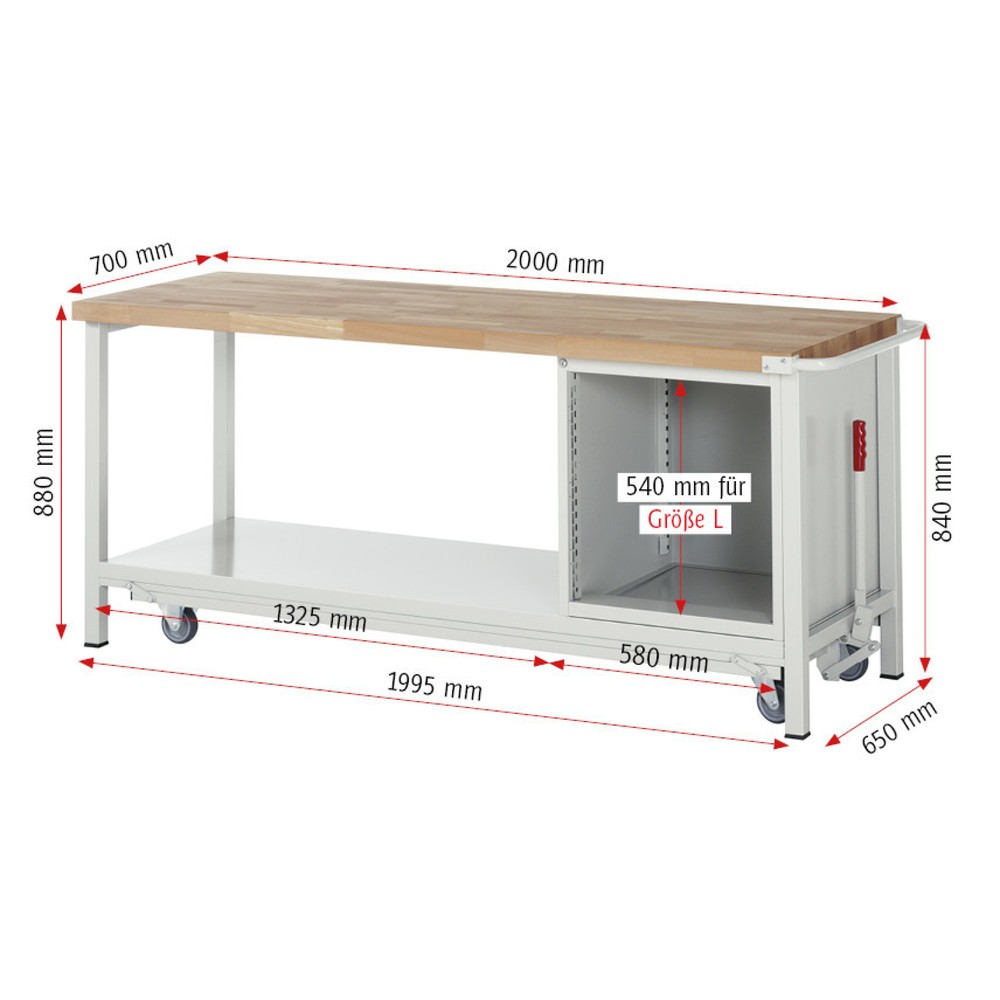Productafbeelding nr. 6: Werkbank RAU serie 8000 met neerlaatbaar onderstel, 1 kast, 1 legbord, hxbxd 880 x 2.000 x 700 mm, 4 lades, draagvermogen lade 100 kg
