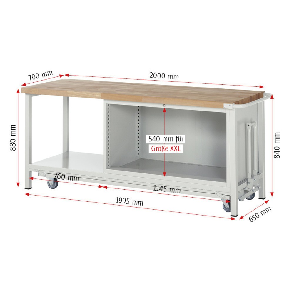 Productafbeelding nr. 6: Werkbank RAU serie 8000 met neerlaatbaar onderstel, 1 kast, 1 legbord, hxbxd 880 x 2.000 x 700 mm, 4 lades, draagvermogen lade 50 kg