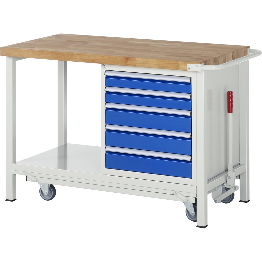 Product afbeelding: RAU werkbank met dolly serie 8000, h x b x d 880 x 1.250 x 700 mm, 1 onderbouwkast rechts, met 5 lades