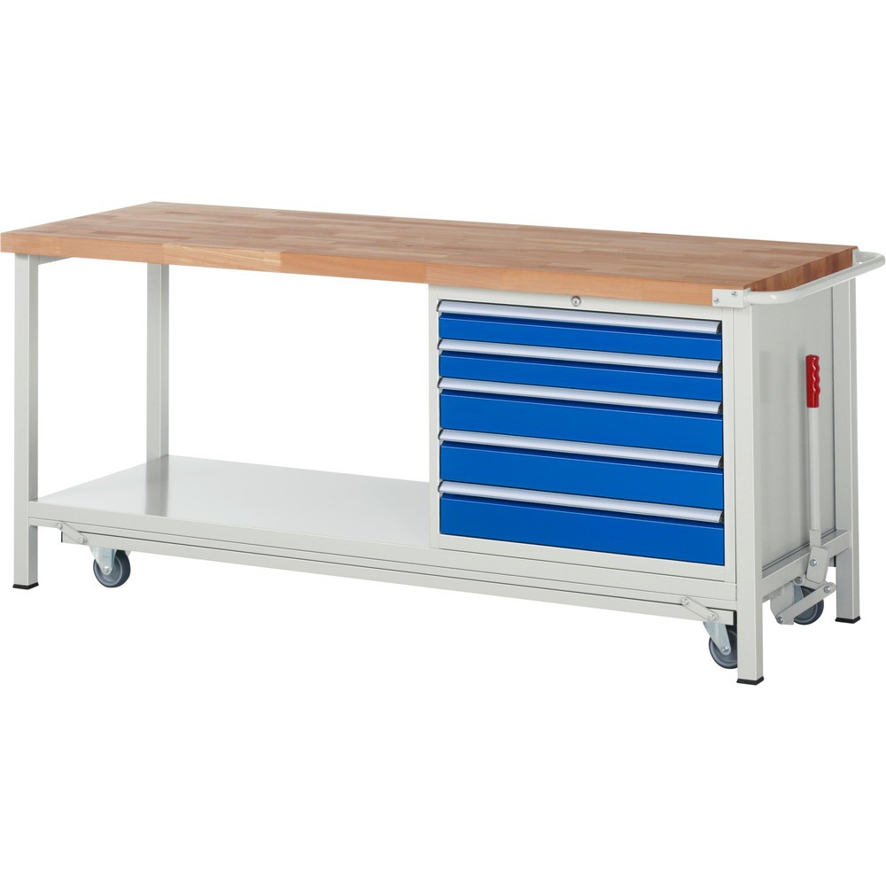 Product afbeelding: Werkbank RAU serie 8000 met neerlaatbaar onderstel, 1 kast, 1 legbord, hxbxd 880 x 2.000 x 700 mm, 5 x voor 100% uittrekbare lades, draagvermogen lade 75 kg
