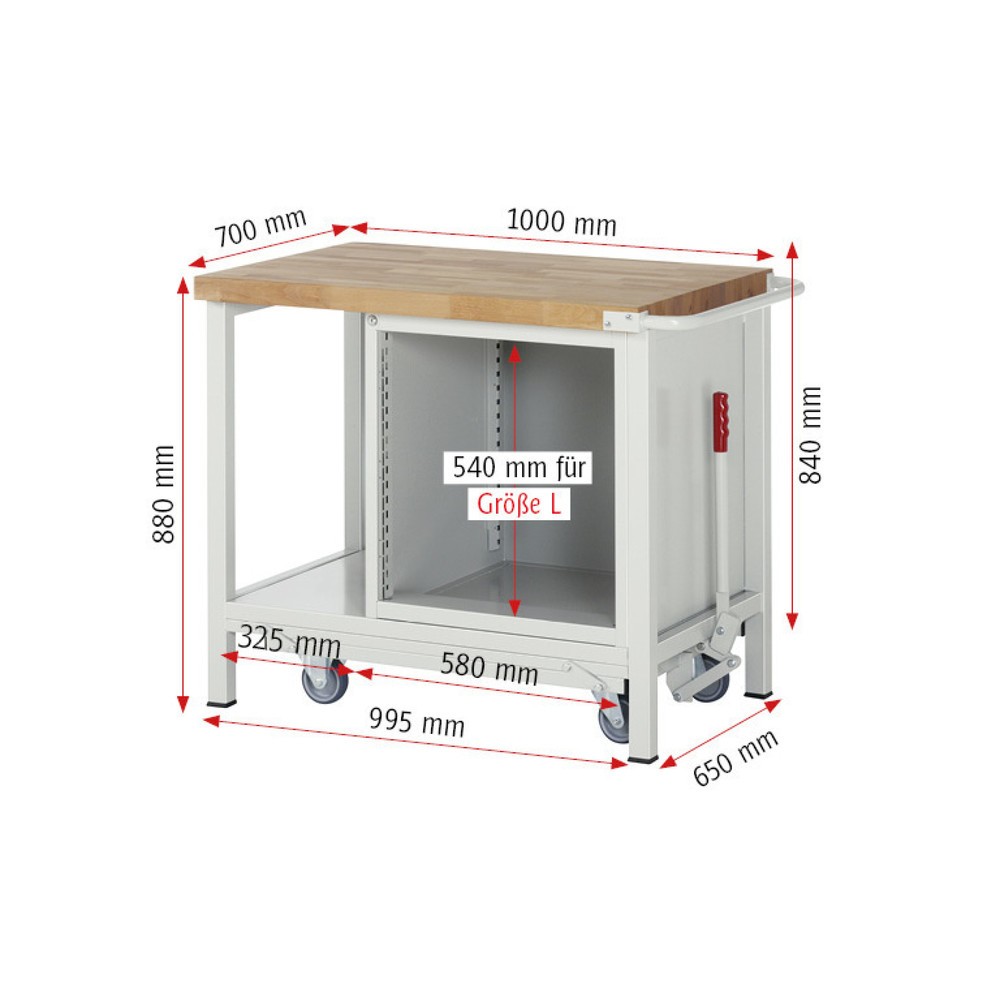 Productafbeelding nr. 6: Werkbank RAU serie 8000 met neerlaatbaar onderstel, 1 kast, 1 legbord, hxbxd 880 x 1.000 x 700 mm, 5 x voor 100% uittrekbare lades, draagvermogen lade 100 kg
