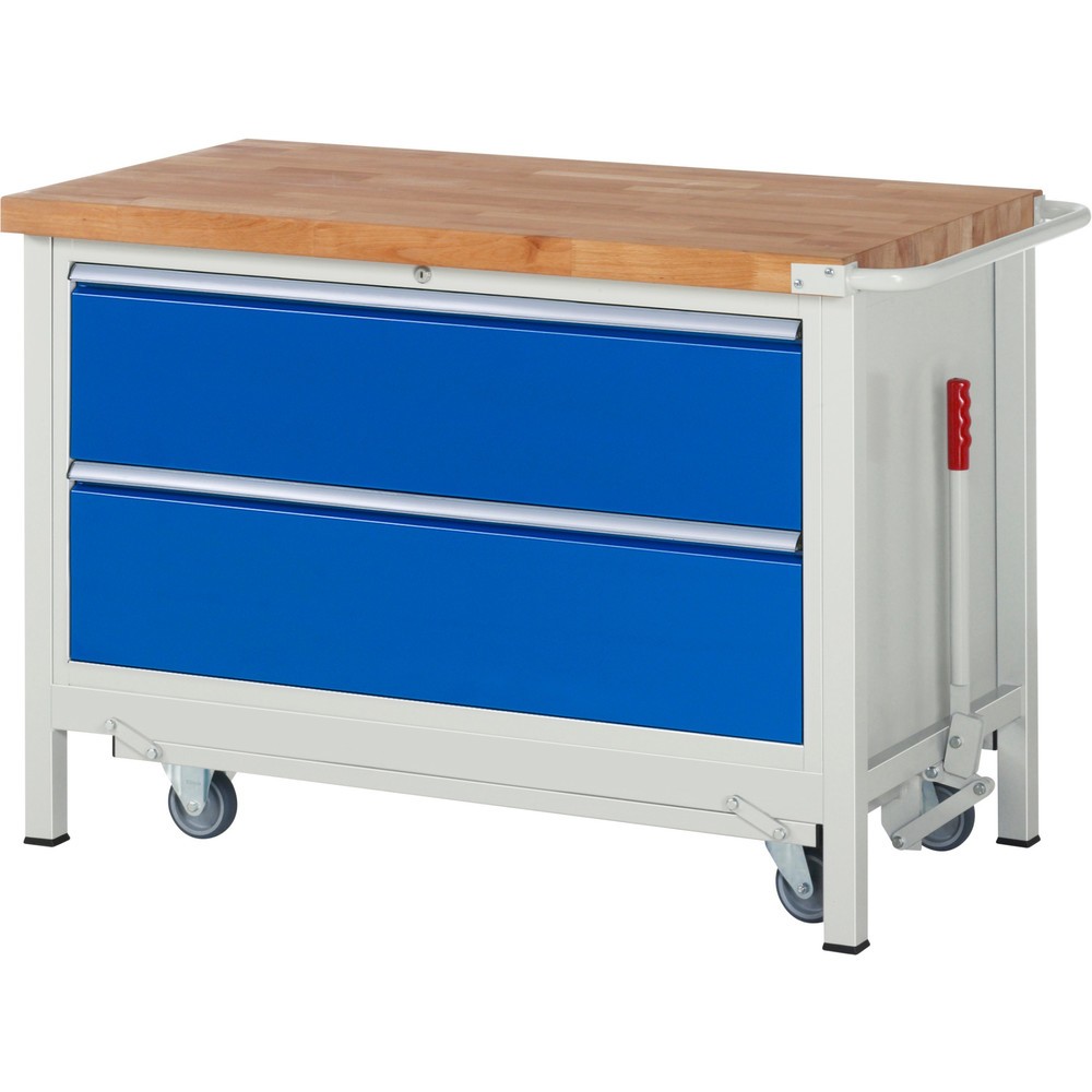 Productafbeelding nr. 1: Werkbank RAU serie 8000 met neerlaatbaar onderstel, 1 kast, hxbxd 880 x 1.250 x 700 mm, 2 x voor 90% uittrekbare lades, draagvermogen lade 50 kg