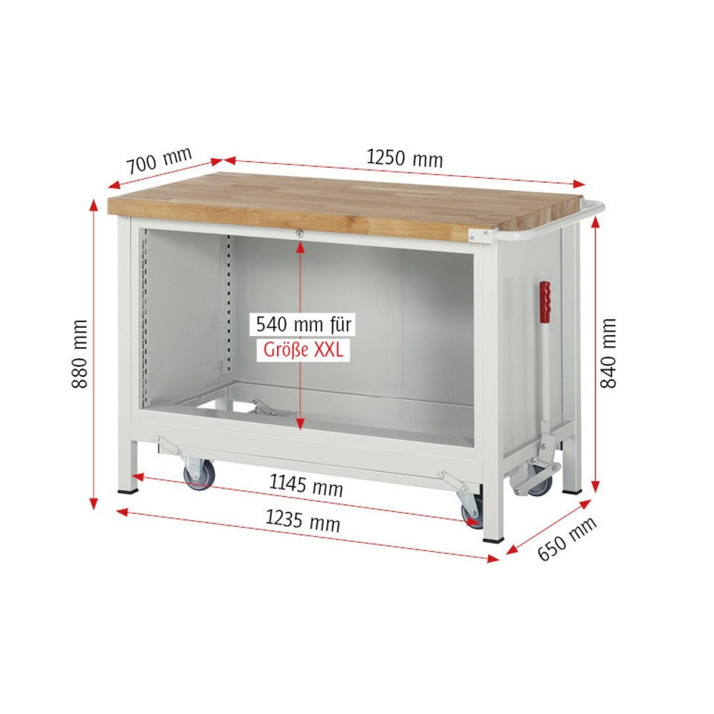 Productafbeelding nr. 6: Werkbank RAU serie 8000 met neerlaatbaar onderstel, 1 kast, hxbxd 880 x 1.250 x 700 mm, 5 x voor 100% uittrekbare lades, draagvermogen lade 50 kg