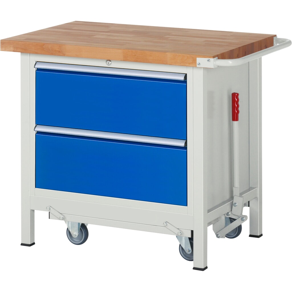 Product afbeelding: Werkbank RAU serie 8000 met neerlaatbaar onderstel, 1 kast, hxbxd 880 x 1.000 x 700 mm, 2 x voor 90% uittrekbare lades, draagvermogen lade 75 kg
