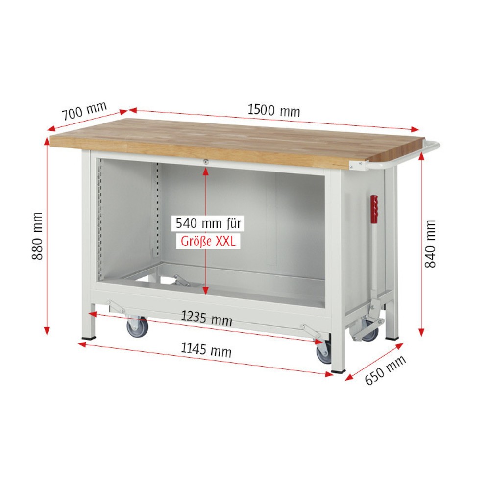 Productafbeelding nr. 6: Werkbank RAU serie 8000 met neerlaatbaar onderstel, 1 kast, hxbxd 880 x 1.500 x 700 mm, 5 x voor 90% uittrekbare lades, draagvermogen lade 50 kg
