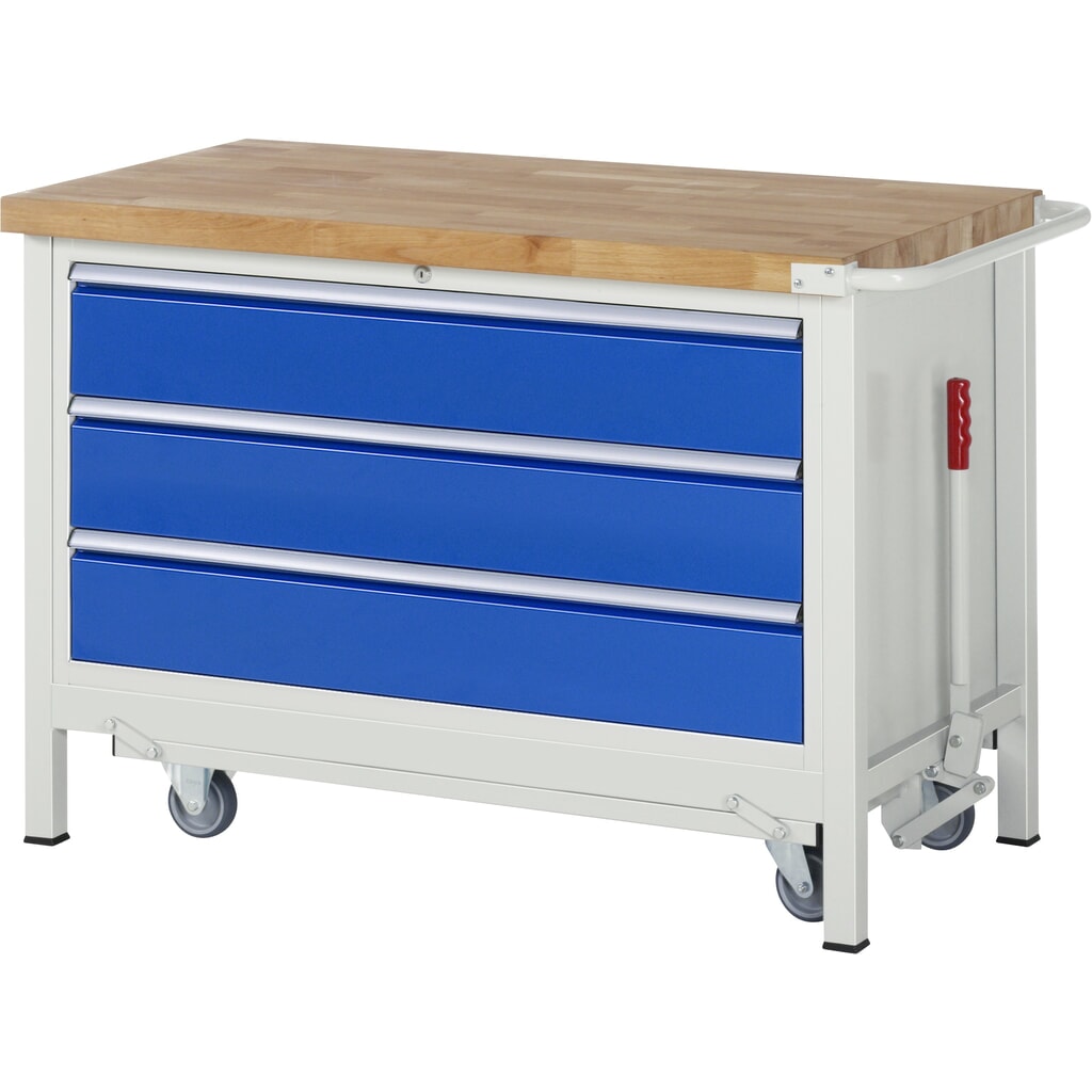 Werkbank RAU serie 8000 met neerlaatbaar onderstel, 1 kast, hxbxd 880 x 1.250 x 700 mm, 3 x voor 100% uittrekbare lades, draagvermogen lade 50 kg Product afbeelding: Werkbank RAU serie 8000 met neerlaatbaar onderstel, 1 kast, hxbxd 880 x 1.250 x 700 mm, 3 x voor 100% uittrekbare lades, draagvermogen lade 50 kg