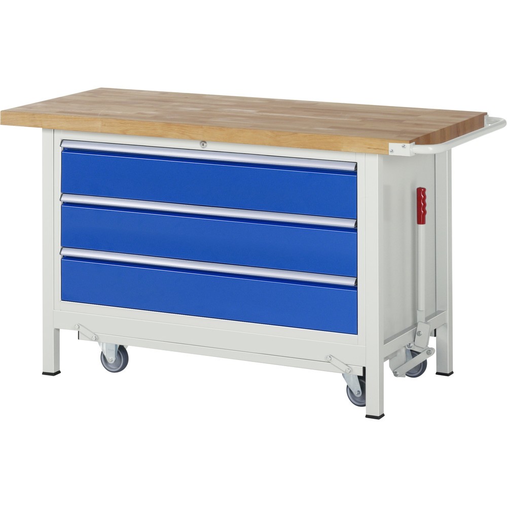 Productafbeelding nr. 1: Werkbank RAU serie 8000 met neerlaatbaar onderstel, 1 kast, hxbxd 880 x 1.500 x 700 mm, 3 x voor 100% uittrekbare lades, draagvermogen lade 50 kg