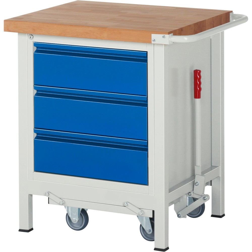 Productafbeelding nr. 1: Werkbank RAU serie 8000 met neerlaatbaar onderstel, 1 kast, hxbxd 880 x 750 x 700 mm, 3 x voor 90% uittrekbare lades, draagvermogen lade 100 kg
