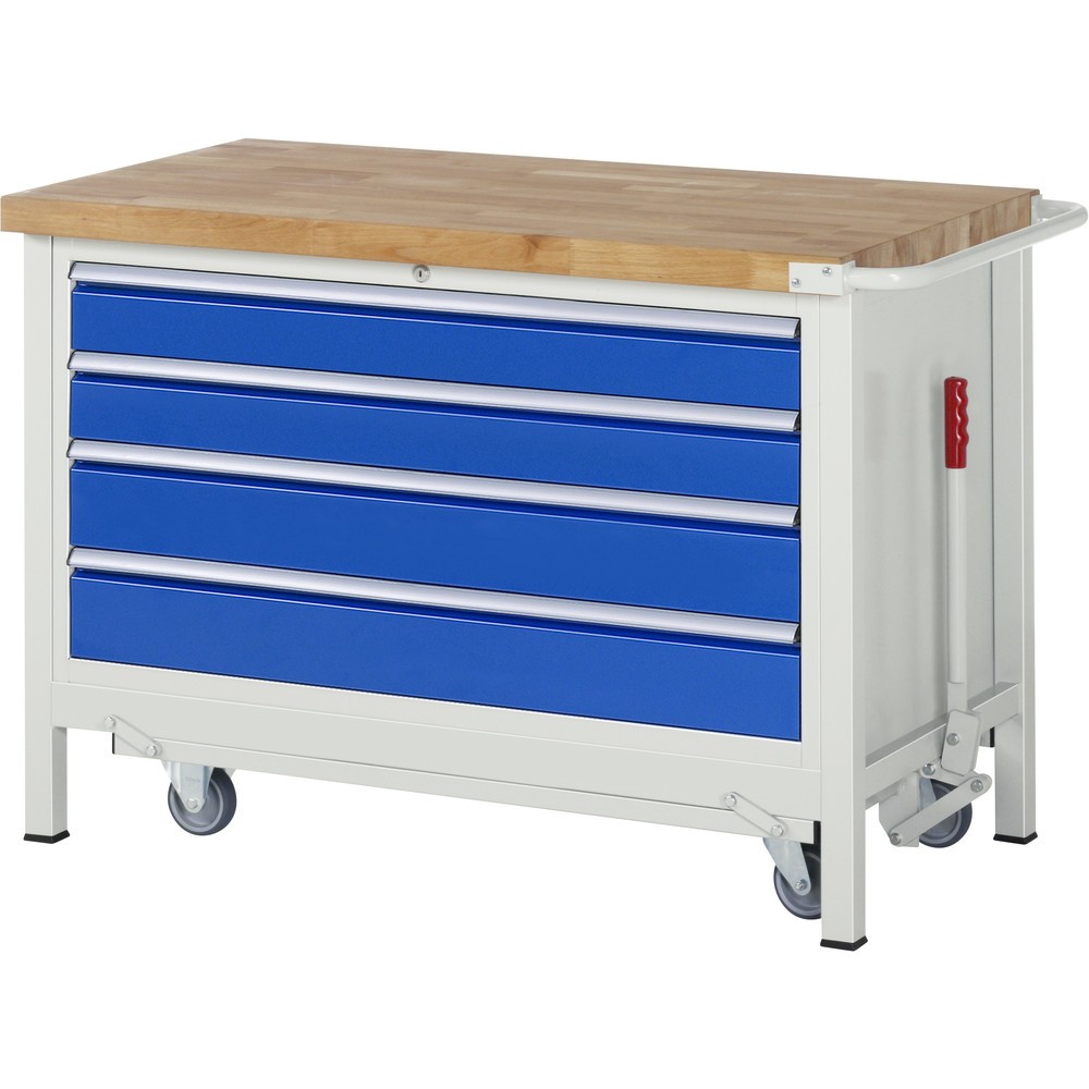 Product afbeelding: Werkbank RAU serie 8000 met neerlaatbaar onderstel, 1 kast, hxbxd 880 x 1.250 x 700 mm, 4 lades, draagvermogen lade 50 kg