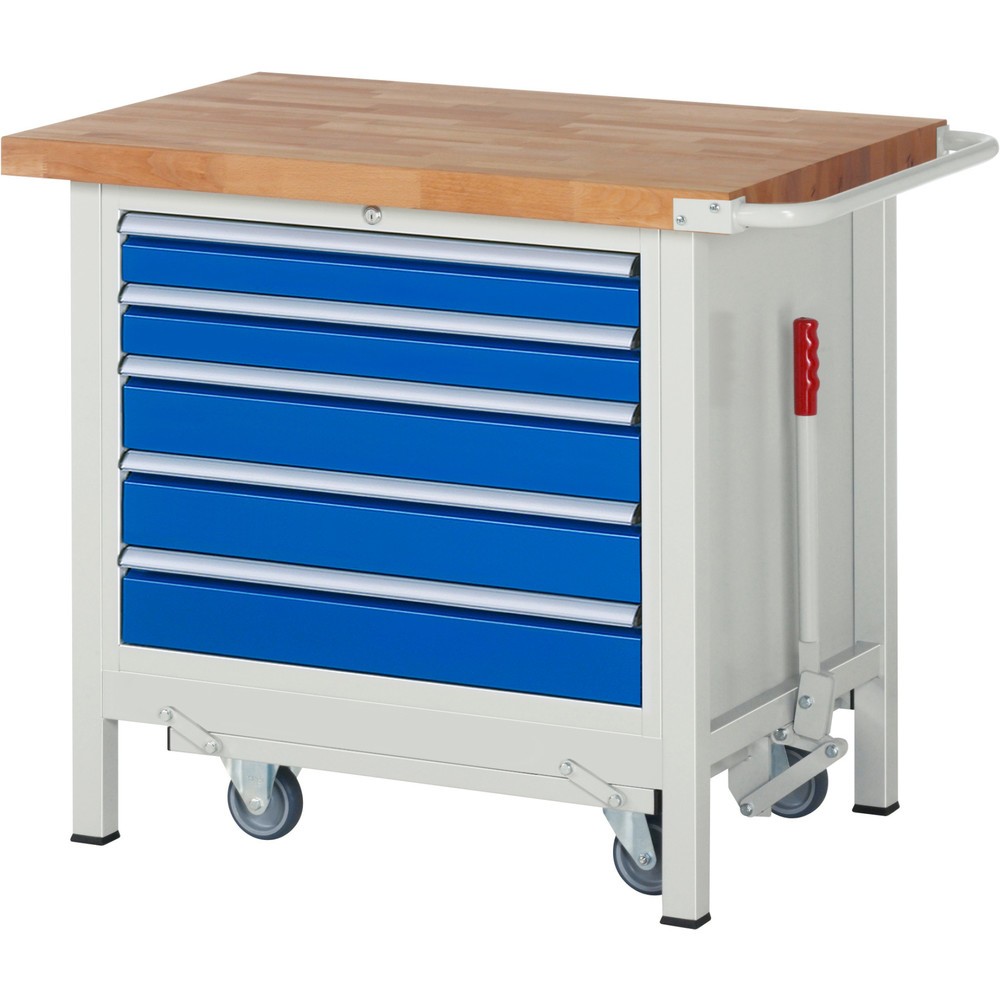 Product afbeelding: Werkbank RAU serie 8000 met neerlaatbaar onderstel, 1 kast, hxbxd 880 x 1.000 x 700 mm, 5 x voor 90% uittrekbare lades, draagvermogen lade 75 kg