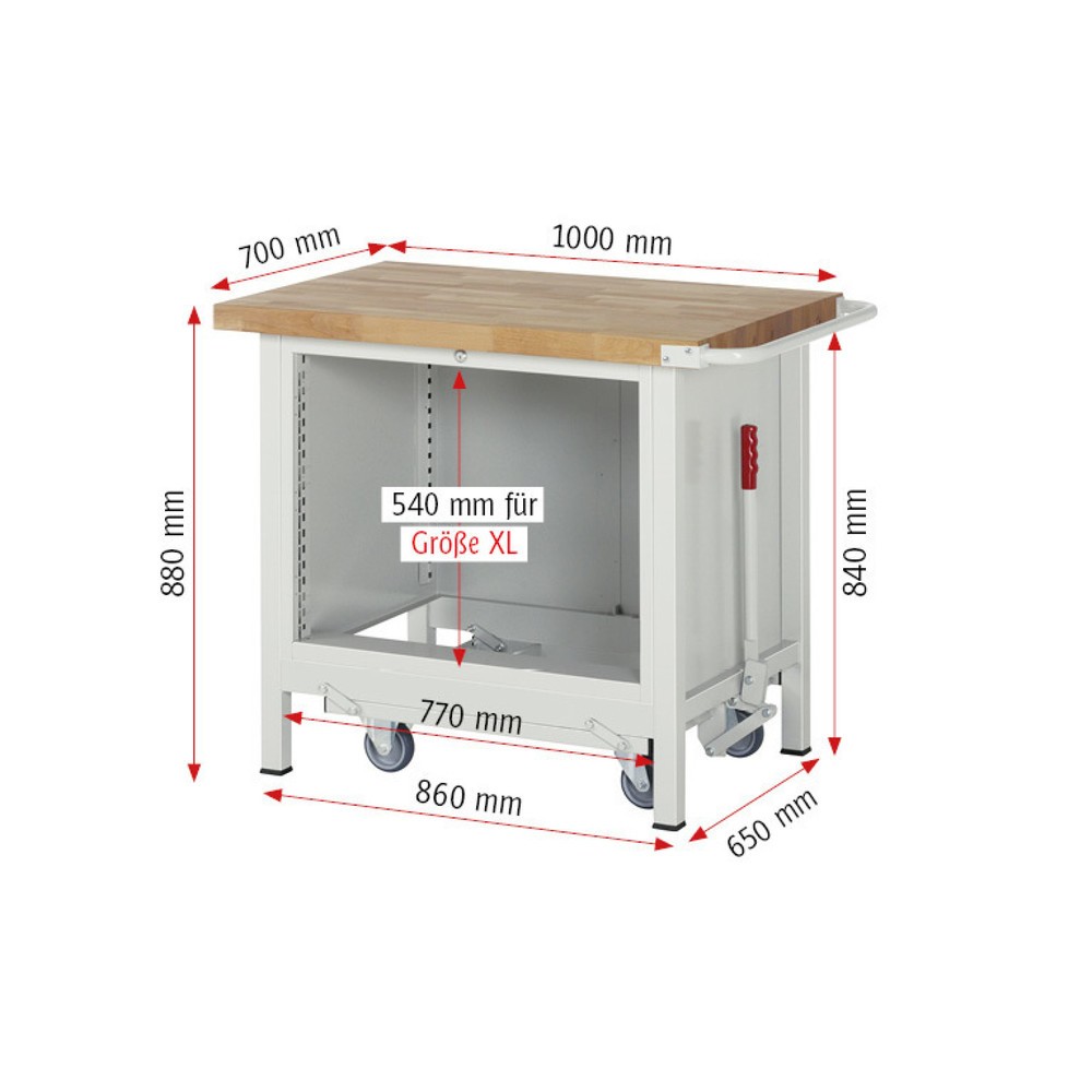 Productafbeelding nr. 7: Werkbank RAU serie 8000 met neerlaatbaar onderstel, 1 kast, hxbxd 880 x 1.000 x 700 mm, 2 x voor 90% uittrekbare lades, draagvermogen lade 75 kg