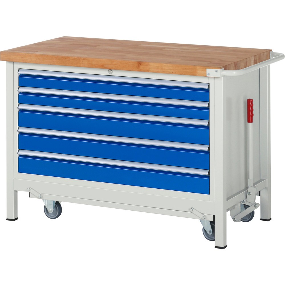 Productafbeelding nr. 1: Werkbank RAU serie 8000 met neerlaatbaar onderstel, 1 kast, hxbxd 880 x 1.250 x 700 mm, 5 x voor 100% uittrekbare lades, draagvermogen lade 50 kg