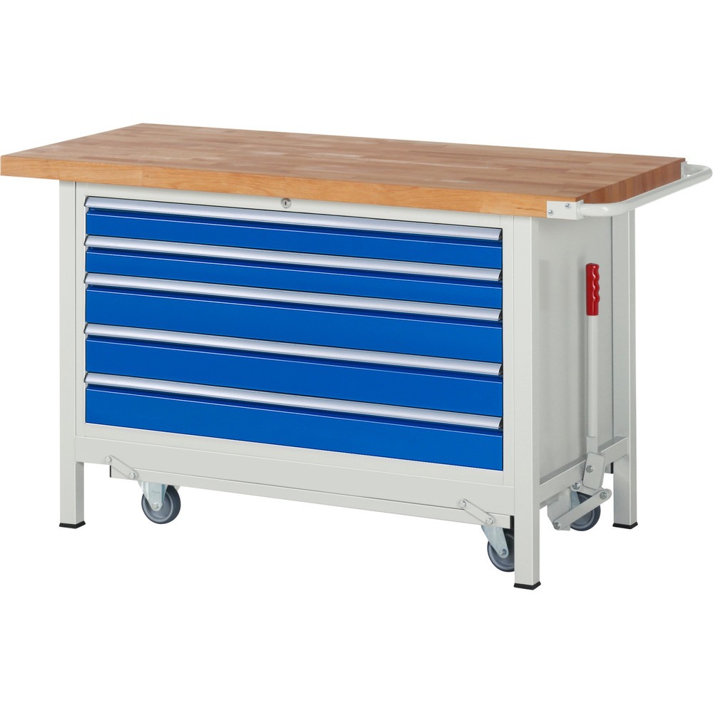 Productafbeelding nr. 1: Werkbank RAU serie 8000 met neerlaatbaar onderstel, 1 kast, hxbxd 880 x 1.500 x 700 mm, 5 x voor 90% uittrekbare lades, draagvermogen lade 50 kg