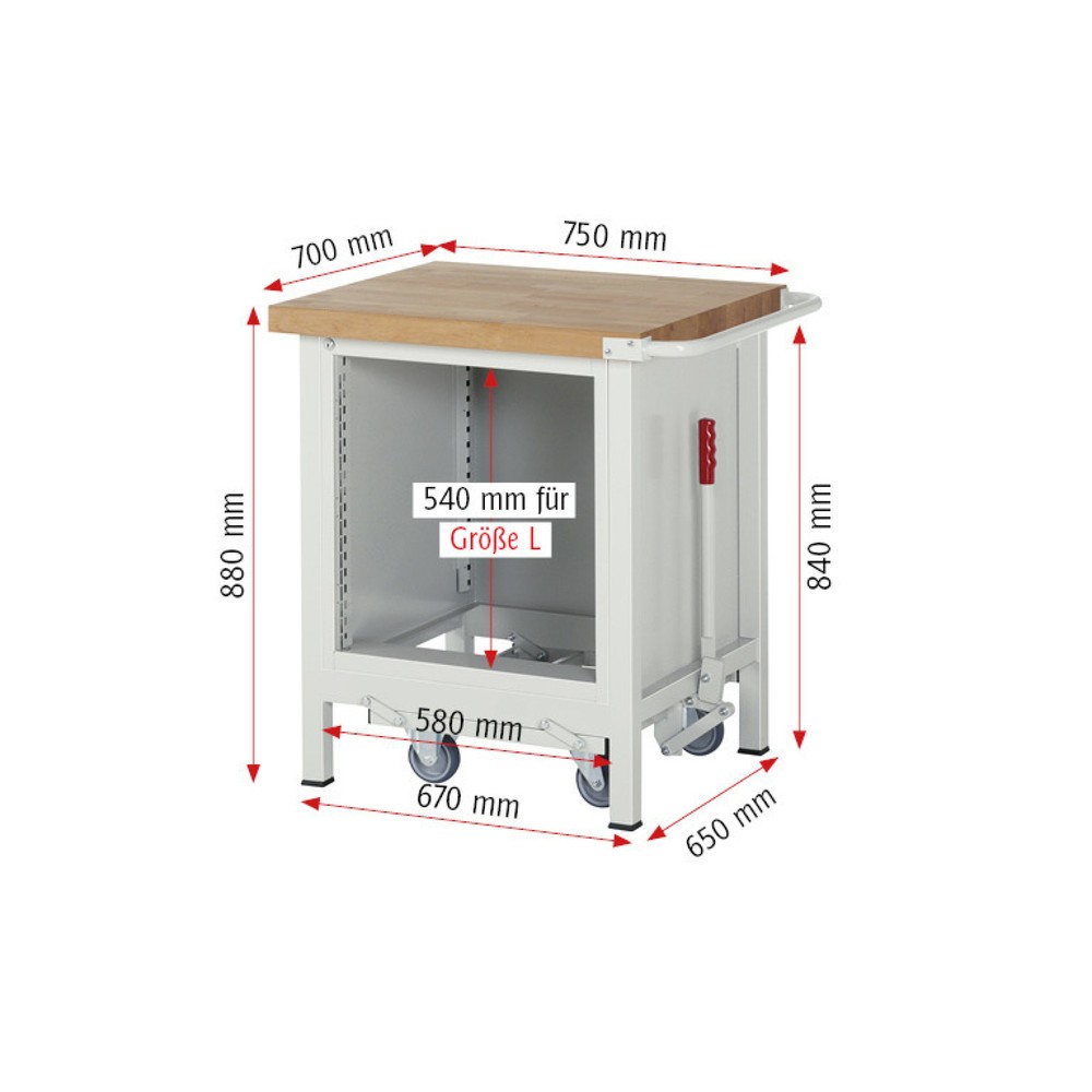 Productafbeelding nr. 8: Werkbank RAU serie 8000 met neerlaatbaar onderstel, 1 kast, hxbxd 880 x 750 x 700 mm, 1 x voor 100% uittrekbare lades, 1 draaideur