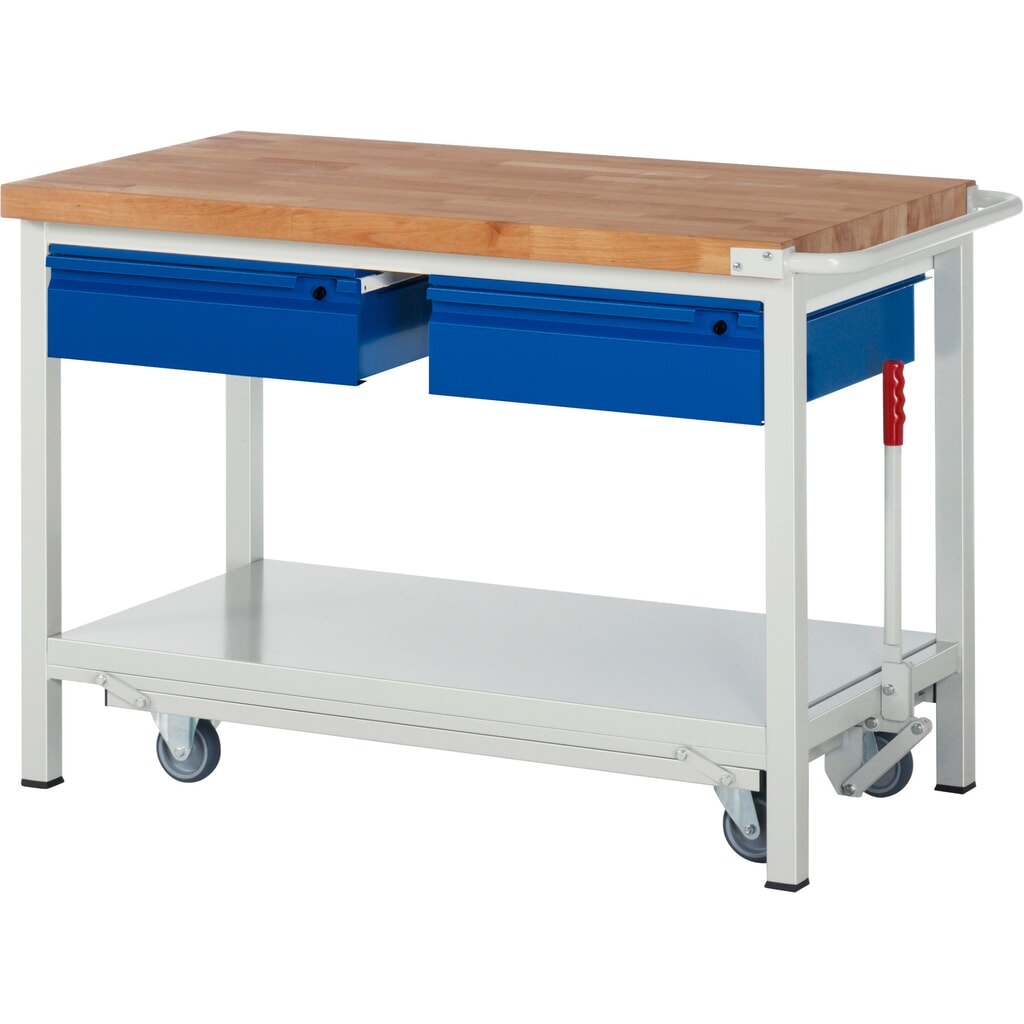 Werkbank RAU serie 8000 met neerlaatbaar onderstel, 2 lades, 1 legbord, hxbxd 880 x 1.250 x 700 mm, 2 lades Product afbeelding: Werkbank RAU serie 8000 met neerlaatbaar onderstel, 2 lades, 1 legbord, hxbxd 880 x 1.250 x 700 mm, 2 lades
