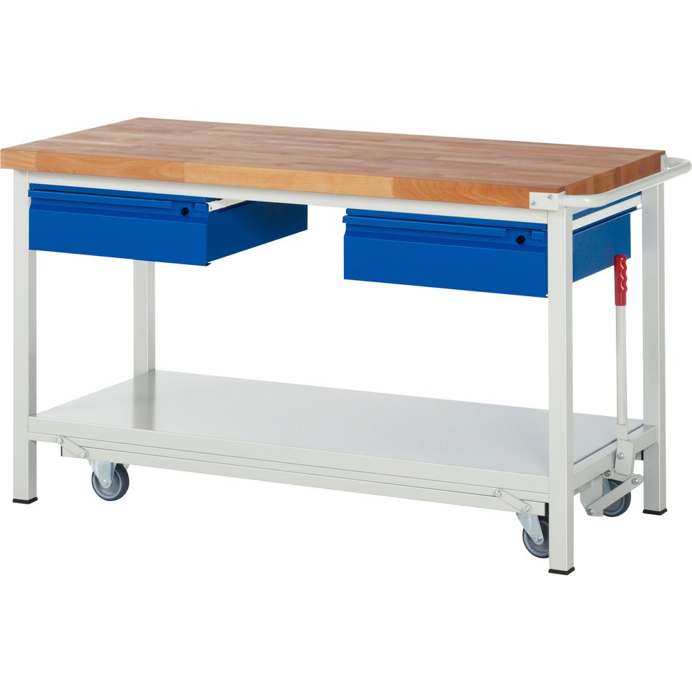 Productafbeelding nr. 1: Werkbank RAU serie 8000 met neerlaatbaar onderstel, 2 lades, 1 legbord, hxbxd 880 x 1.500 x 700 mm, 2 lades
