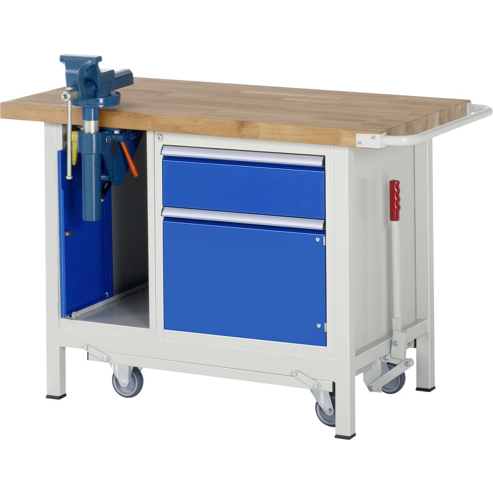 Product afbeelding: RAU werkbank met dolly serie 8000, h x b x d 880 x 1.250 x 700 mm, 1 onderbouwkast, met 1 openslaande deur, 1 lade en inklapbare bankschroef