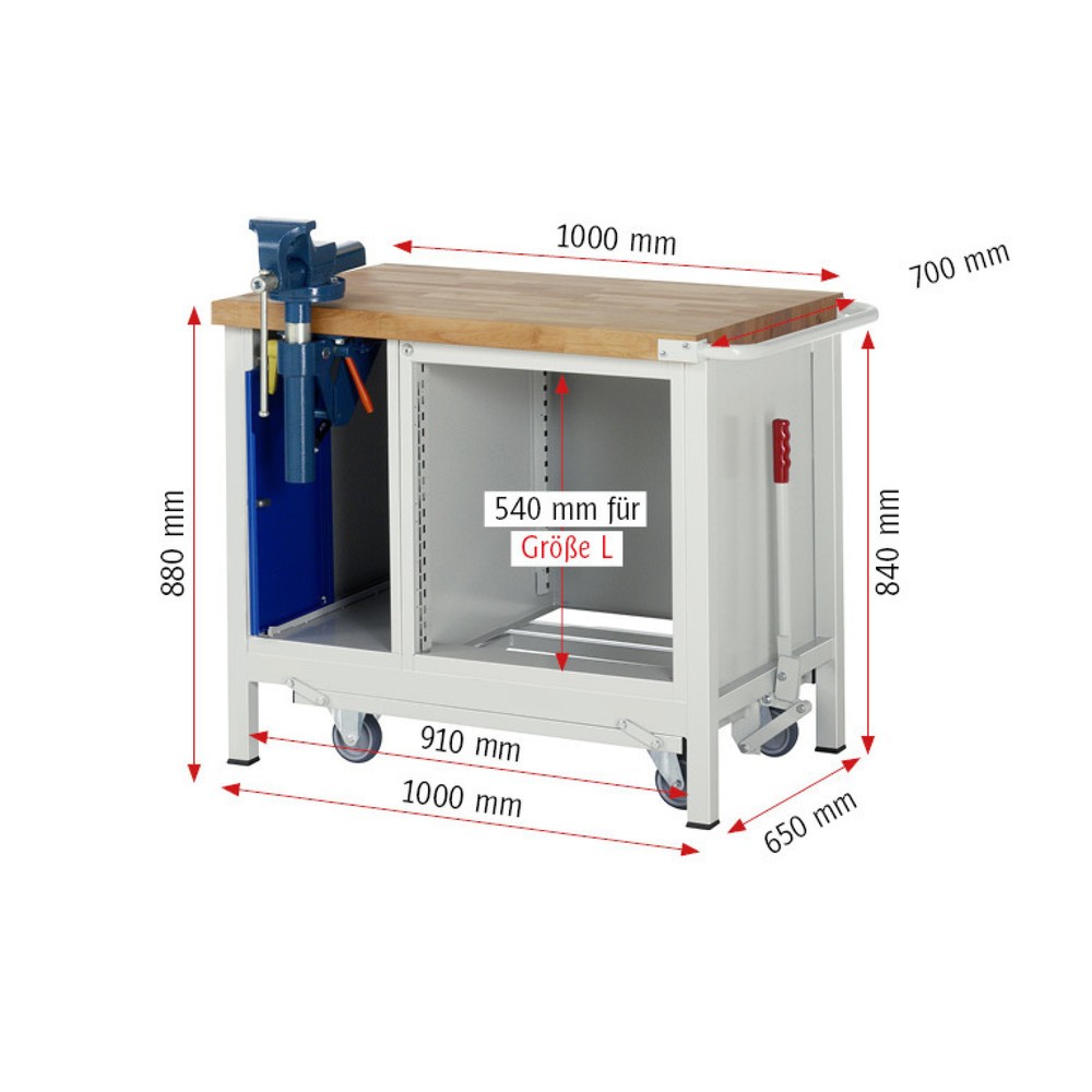 Productafbeelding nr. 11: Werkbank RAU serie 8000 met neerlaatbaar onderstel, 2 kasten, hxbxd 880 x 1.000 x 700 mm, 3 x voor 90% uittrekbare lades
