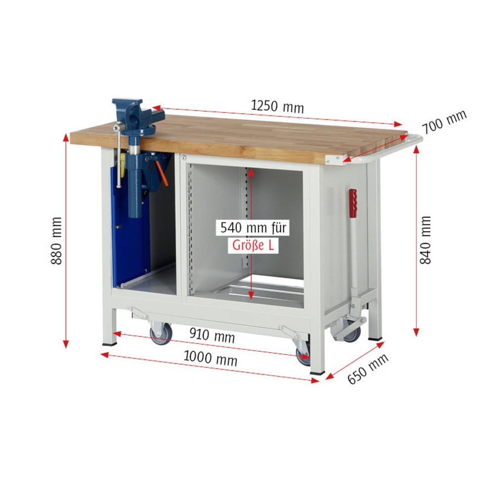 Productafbeelding nr. 11: Werkbank RAU serie 8000 met neerlaatbaar onderstel, 2 kasten, hxbxd 880 x 1.250 x 700 mm, 3 x voor 90% uittrekbare lades