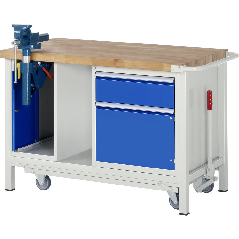 Product afbeelding: RAU werkbank met dolly serie 8000, h x b x d 880 x 1.250 x 700 mm, 1 onderbouwkast, met 1 openslaande deur, 1 lade en inklapbare bankschroef
