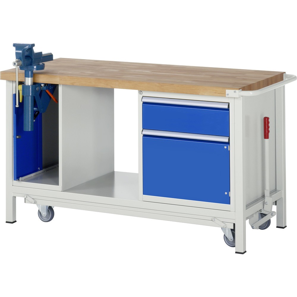 Productafbeelding nr. 1: RAU werkbank met dolly serie 8000, h x b x d 880 x 1.500 x 700 mm, 1 onderbouwkast, met 1 openslaande deur, 1 lade en inklapbare bankschroef