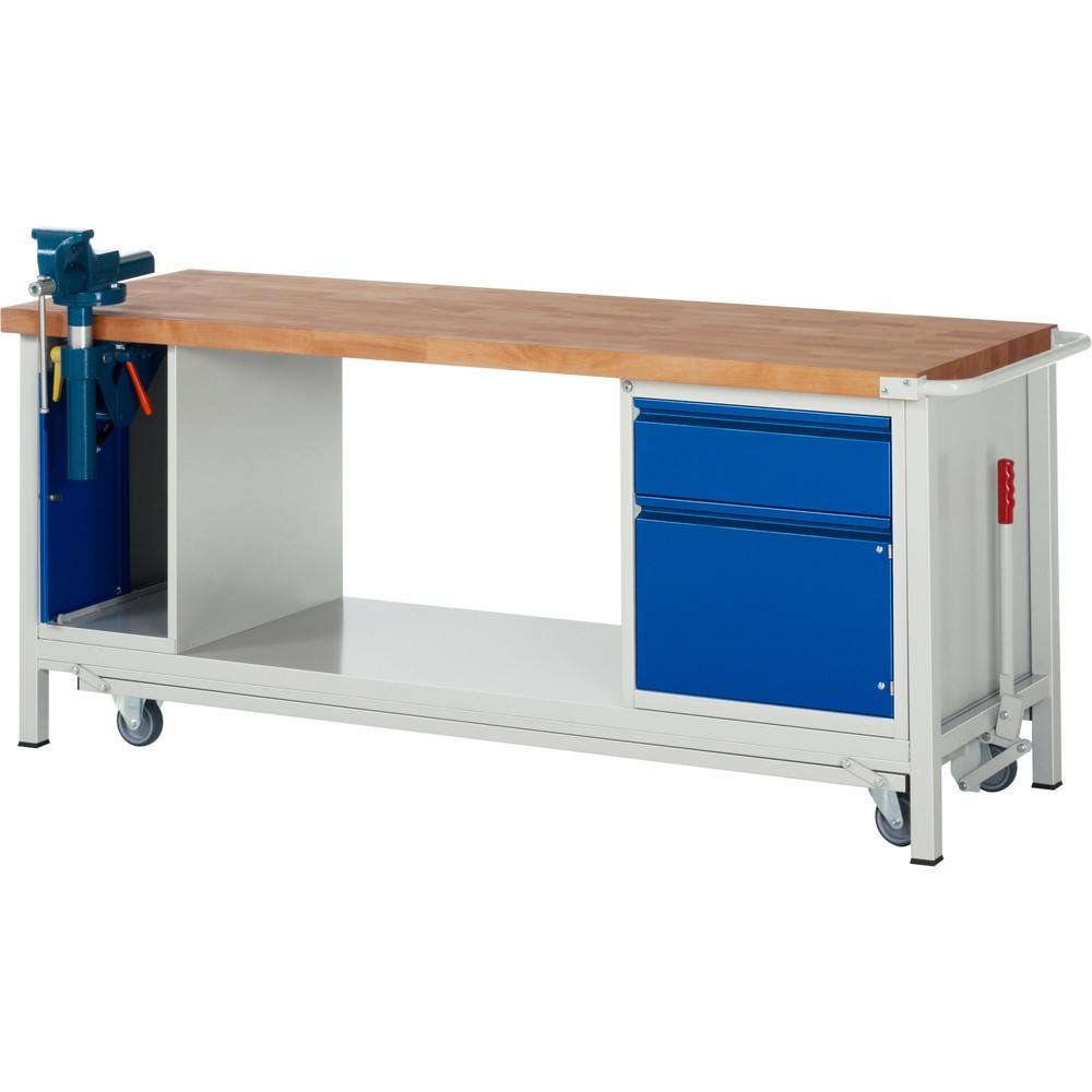Product afbeelding: Werkbank RAU serie 8000 met neerlaatbaar onderstel, 2 kasten, 1 legbord, hxbxd 880 x 2.000 x 700 mm, 1 x voor 90% uittrekbare lades, 1 draaideur