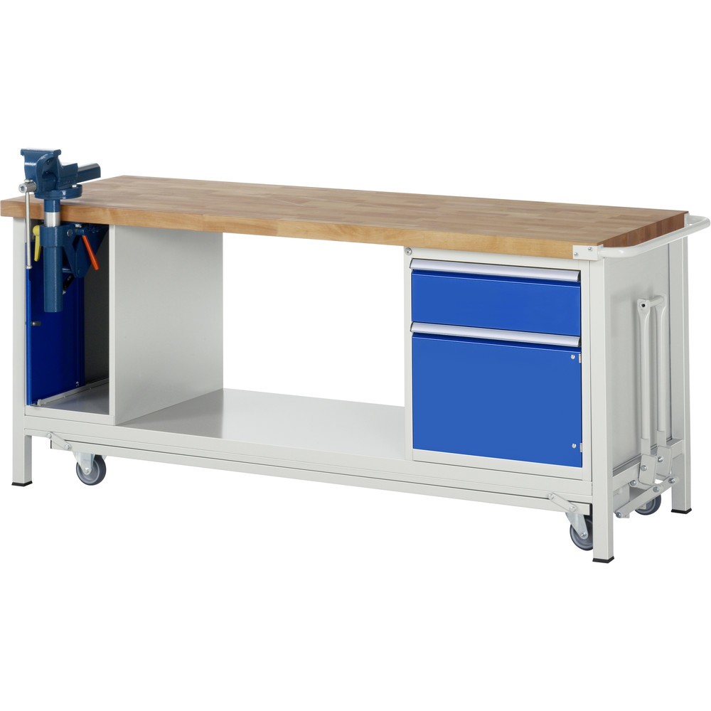 Productafbeelding nr. 1: RAU werkbank met dolly serie 8000, h x b x d 880 x 2.000 x 700 mm, 1 onderbouwkast, met 1 openslaande deur, 1 lade en inklapbare bankschroef