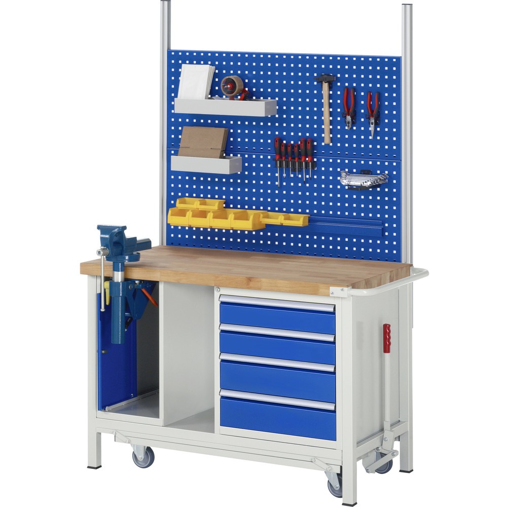 Productafbeelding nr. 10: Werkbank RAU serie 8000 met neerlaatbaar onderstel, 2 kasten, 1 legbord, hxbxd 880 x 1.250 x 700 mm, 3 x voor 100% uittrekbare lades