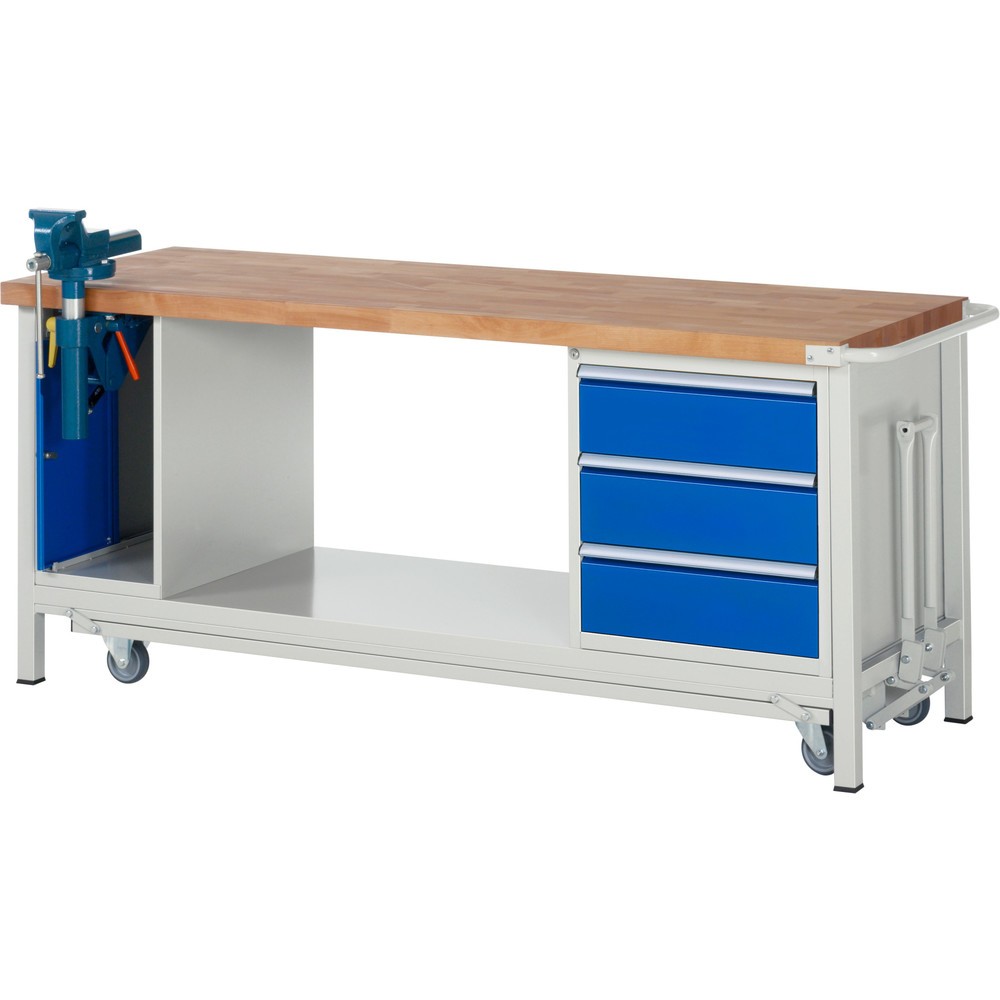 Productafbeelding nr. 1: Werkbank RAU serie 8000 met neerlaatbaar onderstel, 2 kasten, 1 legbord, hxbxd 880 x 2.000 x 700 mm, 3 x voor 90% uittrekbare lades