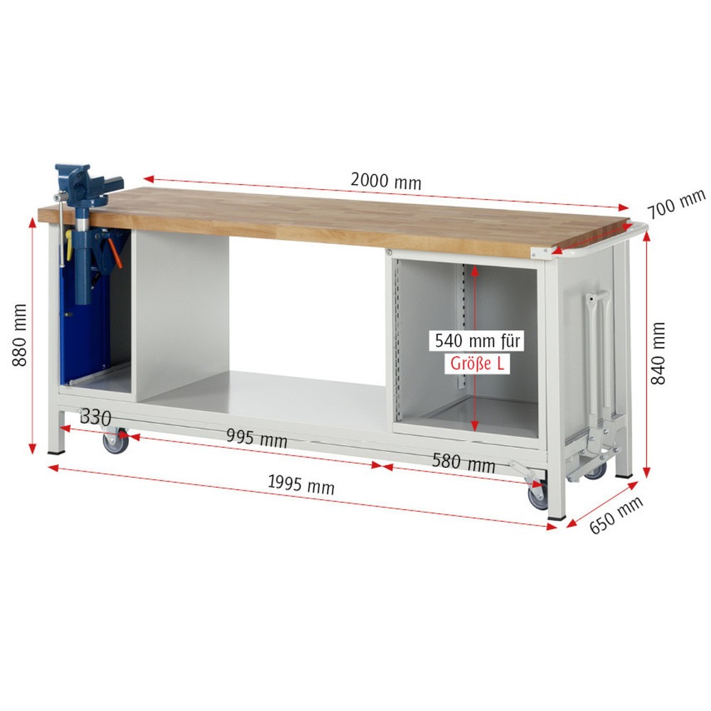 Productafbeelding nr. 12: Werkbank RAU serie 8000 met neerlaatbaar onderstel, 2 kasten, 1 legbord, hxbxd 880 x 2.000 x 700 mm, 1 lade