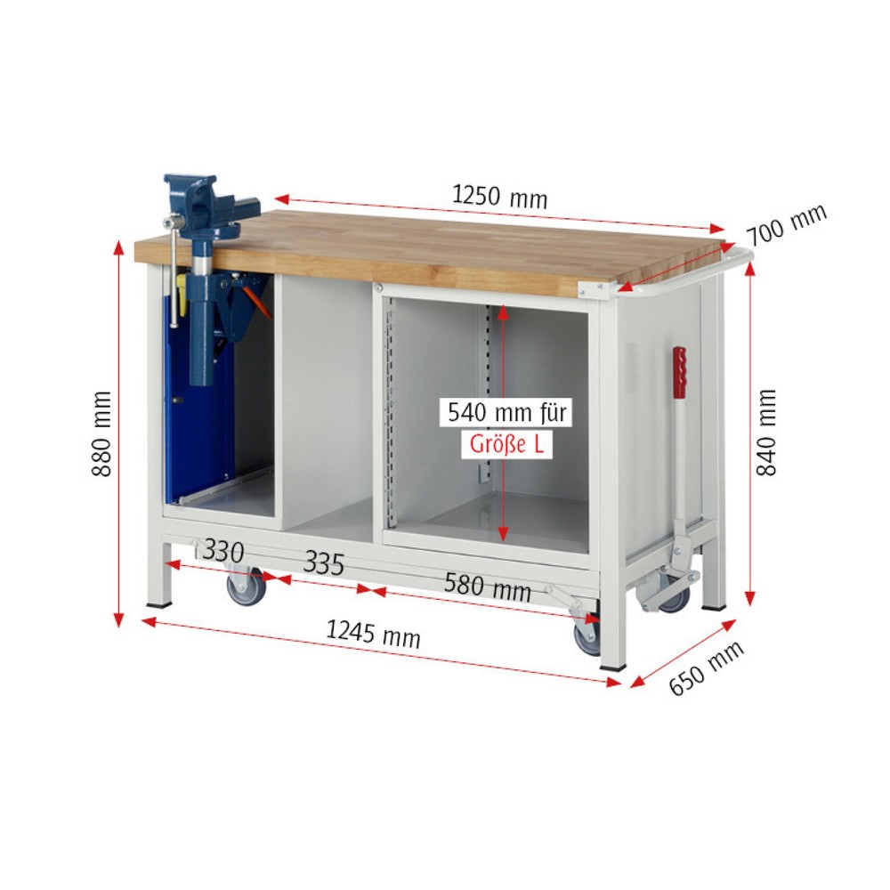 Productafbeelding nr. 11: Werkbank RAU serie 8000 met neerlaatbaar onderstel, 2 kasten, 1 legbord, hxbxd 880 x 1.250 x 700 mm, 3 x voor 100% uittrekbare lades