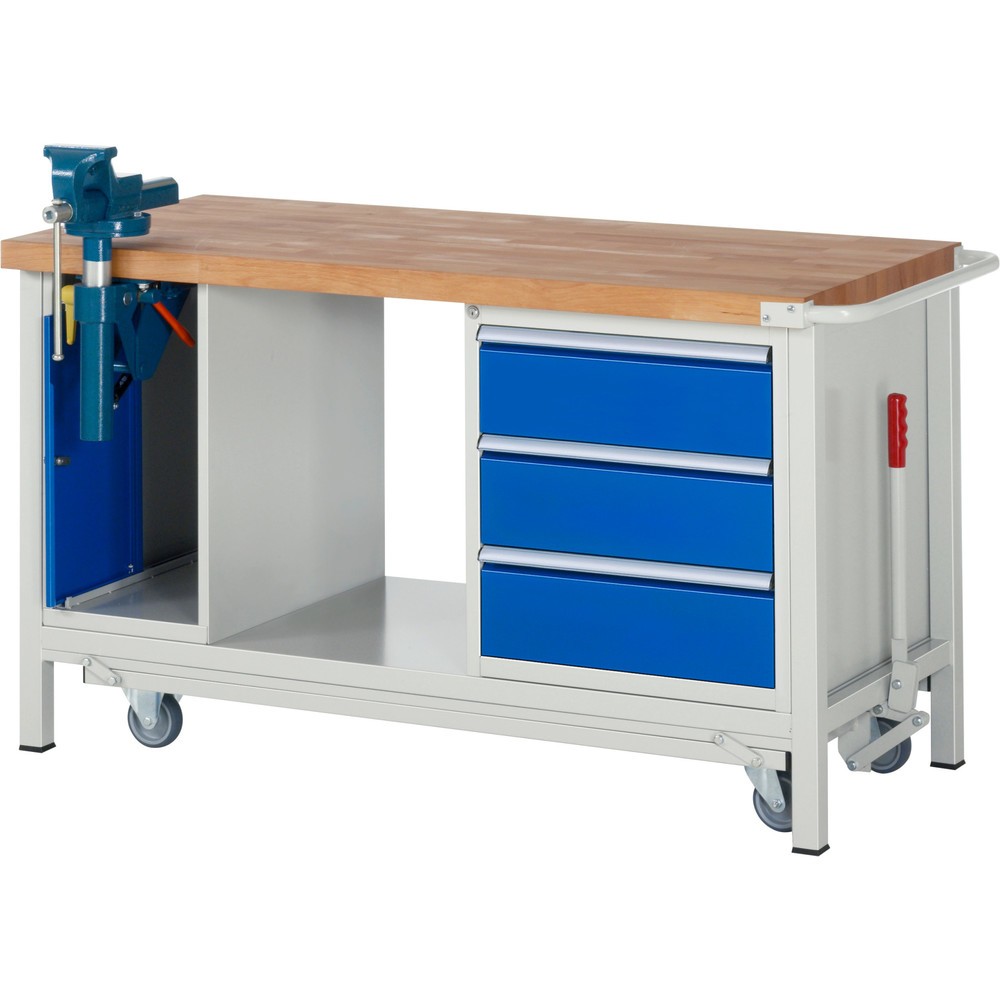 Productafbeelding nr. 1: Werkbank RAU serie 8000 met neerlaatbaar onderstel, 2 kasten, 1 legbord, hxbxd 880 x 1.500 x 700 mm, 3 x voor 90% uittrekbare lades